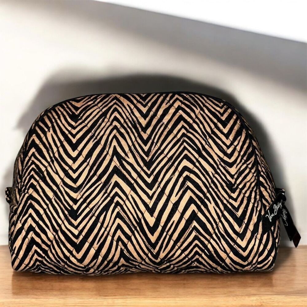 Vera Bradley Zebra Pattern Quilted Cosmetic Bag Clutch Black Tan Zipper Top - Picture 2 of 9